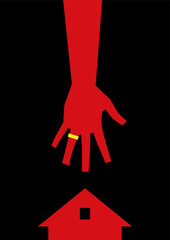 Minimalistic art with red silhouettes of a hand with a wedding ring and houses on a black background. Template for poster, book cover A4, A3 with copy space. Husband, wife, family, relationships