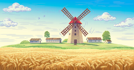 Rural landscape with mill and with rural buildings and with ears of wheat in the foreground. - obrazy, fototapety, plakaty