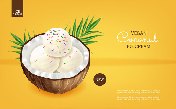Coconut ice cream vector realistic. Product placement. Healthy delicious desserts