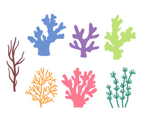 sea corals and seaweed silhouette. Set of simple icons of different underwater plants. Vector illustrations on white background.
