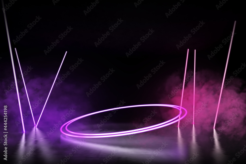 Poster 3d rendering of futuristic glowing neon lights in circle shape and smoke on concrete floor.