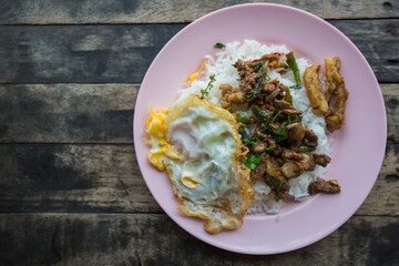 Top view Stir fried beef with chili and fried egg