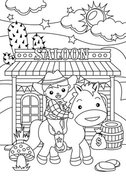 Coloring Page of cartoon cowboy with his horse. Coloring book for kids