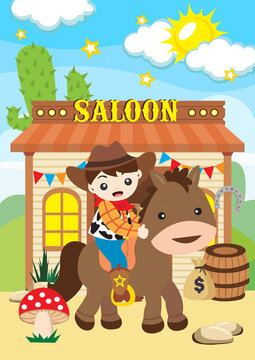 Cartoon cowboy kid in wild west town illustration