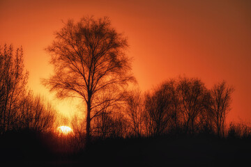 Obraz na płótnie Canvas orange sunset with trees in the background