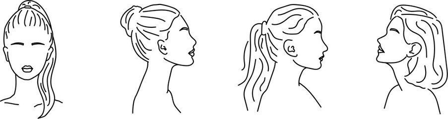 set of one-line sketches of minimalistic portraits of women with without background