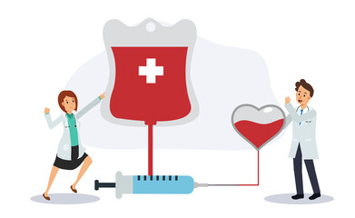 Blood donation concept.charity,Male and female Doctors are cheer up for blood donation near heart and blood bag.Flat vector cartoon character illustration.