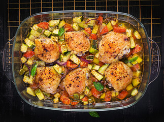 Baked chicken thighs, zucchini and vegetables in a baking dish on a dark table. Top view, overhead