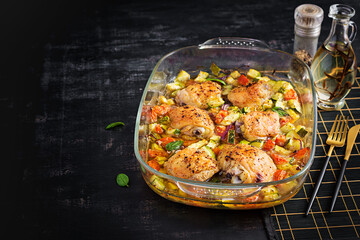Baked chicken thighs, zucchini and vegetables in a baking dish on a dark table.