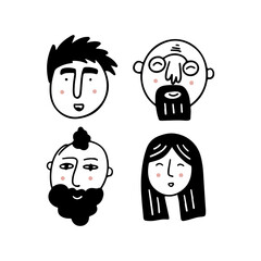 Set of human faces expressing positive emotions. Human faces with wide smiles. Set of cheerful people with happy facial expressions. Vector flat design illustrations isolated on white background.