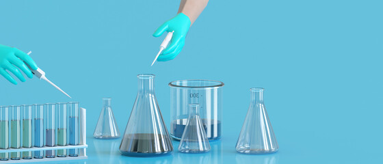 Science and medical. Chemistry lab experiments to test tubes and laboratory with hand of scientist. development. vaccine, Copy Space - 3d rendering