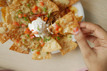 Corn chips nachos with fried minced meat