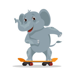 Elephant riding skateboard. Funny animal in cartoon style.