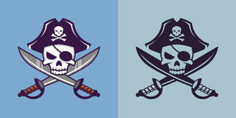 Skull with crossed sabers in different styles. Pirate concept art.