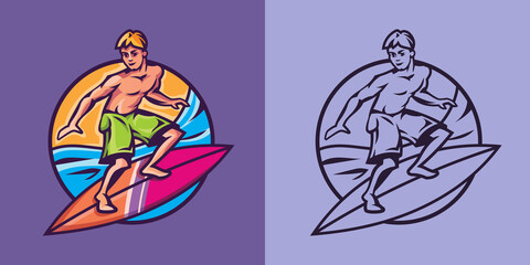 Man standing on surfboard in different styles. Surfing concept art.