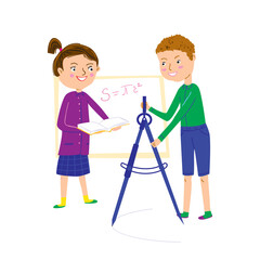 Happy schoolchildren in geometry lesson. Вoy draws a circle with a compass and girl is standing with an open book. Back to school vector illustration.