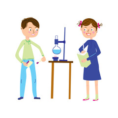 Happy schoolchildren in chemistry lesson. Boy spends chemical experience and girl writes the result. Back to school vector illustration.