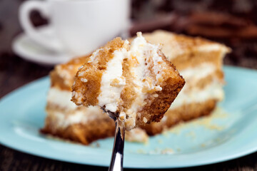 delicious cake cut into pieces, multi-layer pastry with