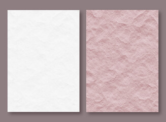 Set of posters, backgrounds, wallpapers with recycled paper texture, kraft packaging. White and pink. Pastel colors. 