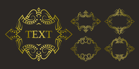 Golden elegant frame set for short text. Vintage vector label templates or wedding invitation design.