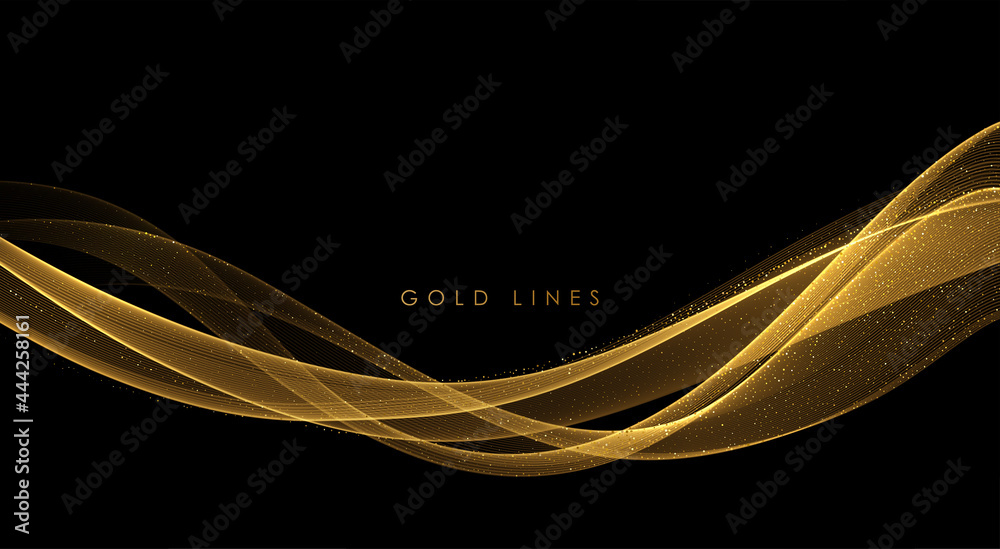 Poster Abstract Gold Waves. Shiny golden moving lines design element with glitter effect on dark background for greeting card and disqount voucher.