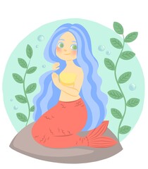 Childish illustration of a mermaid with blue long hair and a red tail. Cute girl from a fairy tale
