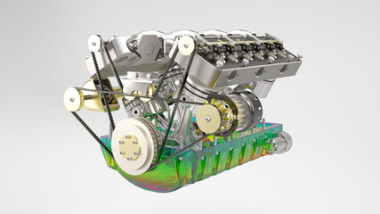 Isolated illustration of a car engine with exposed connecting rods and pistons, 3d rendering, 3d illustration