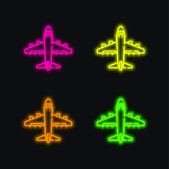 Aeroplane four color glowing neon vector icon