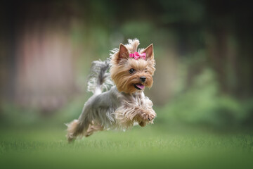 A funny female Yorkshire terrier with a pink bow running among the green grass against the backdrop of a juicy summer landscape. Paws in the air. The mouth is open. Crazy dog - obrazy, fototapety, plakaty