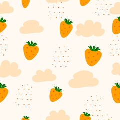 Vector seamless cute pattern with children s elements. Clouds from which strawberry rain is falling. Dots, hearts. Vector illustration on white background. Print for textiles clothing tableware poster