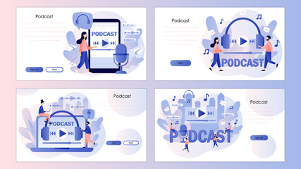 Podcast concept. Tiny people listening audio. Podcaster, Online training, radio show or audio blog. Screen template for landing page, template, ui, web, mobile app, poster, banner, flyer. Vector 