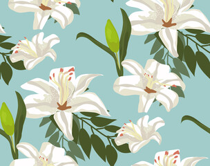 Seamless floral pattern with white lily flowers buds and leaves on blue background. Vector illustration.
