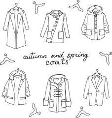 Set of autumn winter models female coats. Hand drawn doodle coat and hanger. Vector illustration