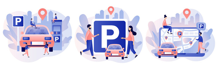 Car in Parking area. Public car-park. Urban transport. Road sign. Tiny people looking for parking space, park automobile. Modern flat cartoon style. Vector illustration on white background - obrazy, fototapety, plakaty
