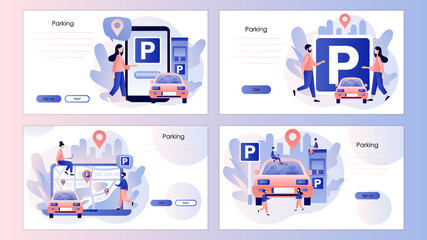 Fototapeta na wymiar Car in Parking area. Public car-park. Urban transport. Road sign. Tiny people looking for parking space. Screen template for landing page, template, ui, web, mobile app, poster, banner, flyer. Vector 
