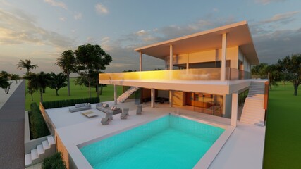 Architecture background exterior of a two-storey house with terraces and a swimming pool 3d render