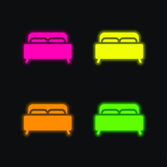 Obraz na płótnie Canvas Bed four color glowing neon vector icon