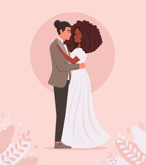 Wedding couple. Man and black woman getting married, newlyweds. Wedding portrait. Multicultural family. Vector illustration