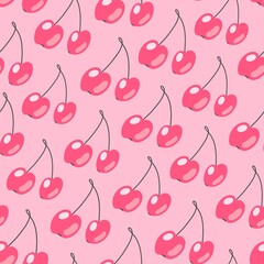 Bright cherry seamless vector pattern. Minimalistic and flat illustration, pink background.