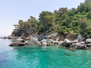 Obraz premium Beautiful view of the azure coast, rocks and pine trees. The Aegean sea. Turkey, Kusadasi.