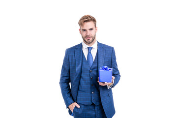 businessman man in businesslike suit hold present box as business reward, corporate present.