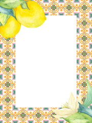 Vertical frame with a mosaic pattern around the edges and lemons.