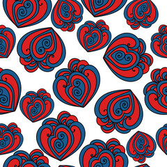Seamless pattern of curled fantasy hearts, blue-red tangles on a white background