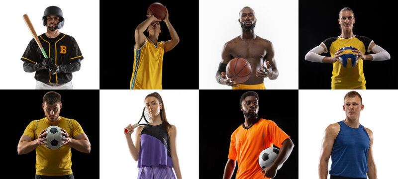 Sport collage. Tennis, baseball, football and basketball players posing isolated on white studio background.