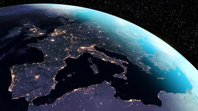 Magnificent satellite view of Europe. It can be seen how the border of night and day is shifting from east to west.