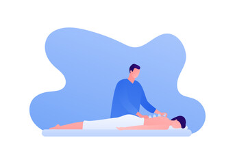 Massage cup therapy concept. Vector flat people illustration. Man therapist massaging with cups and patient person lying on couch. Design for health care, wellness, physiotherapy