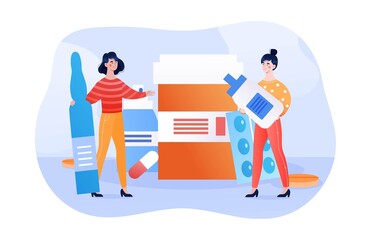 Two female characters are finding suitable medication together.