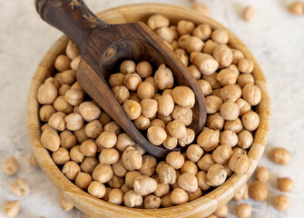 Bowl of raw dry chickpea with a scoop