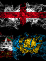 Flag of England, English and France, French, Saint-Pierre and Miquelon countries with smoky effect