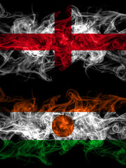 Flag of England, English and Niger, Nigerien countries with smoky effect